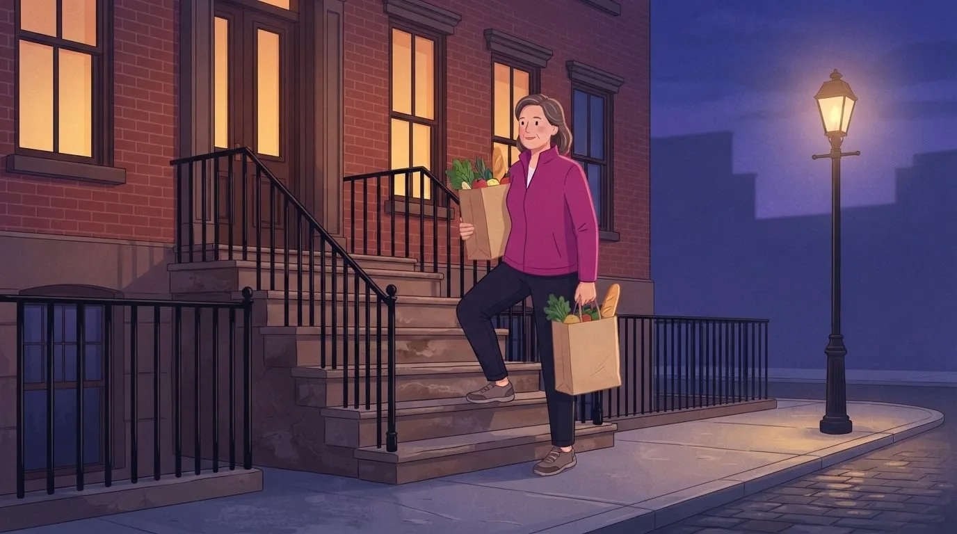 A woman in her fifties carrying two full grocery bags up the front steps of a city townhouse at dusk, warm lamps glowing in the windows, an everyday task that functional fitness trains for