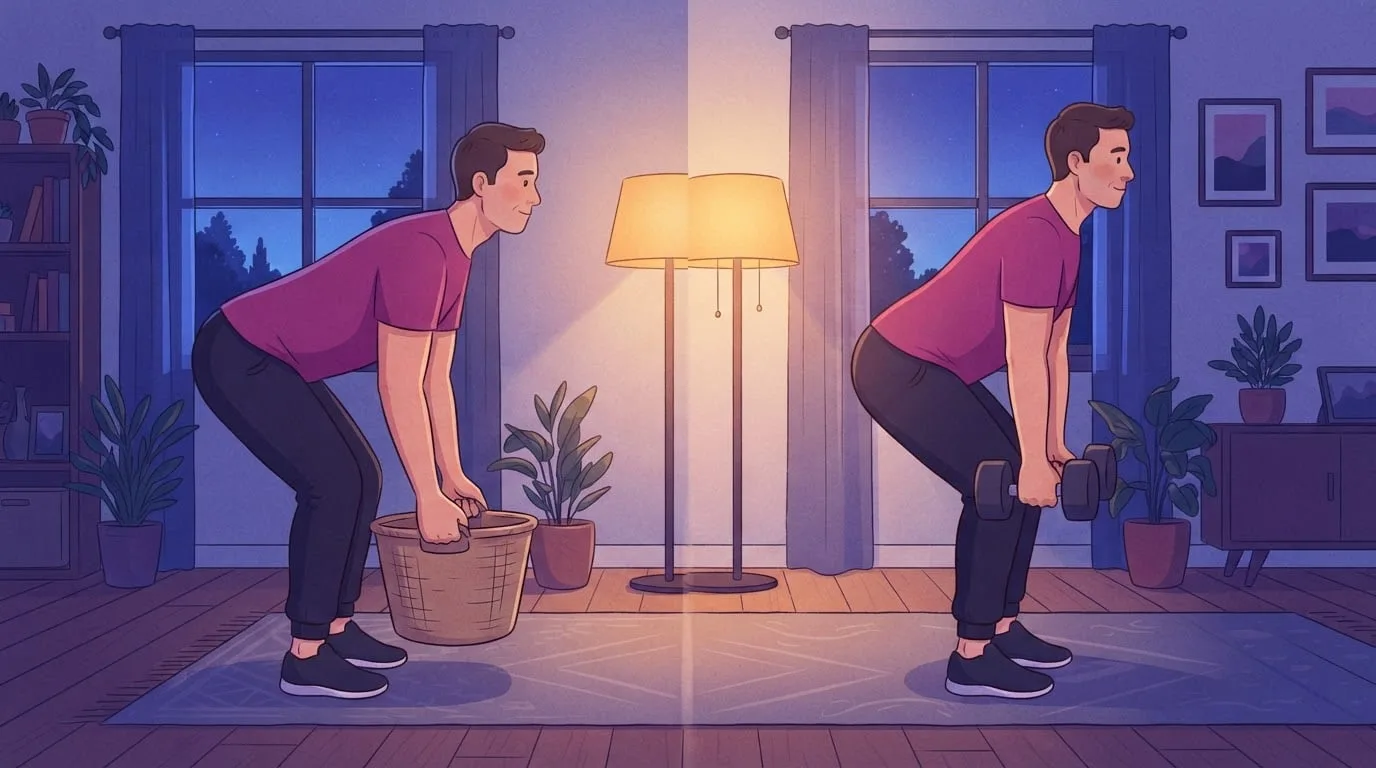 Side-by-side comparison of the same man in his forties in a lamp-lit living room, on the left lifting a laundry basket off the floor with a flat back and on the right doing a dumbbell Romanian deadlift with the same hip hinge