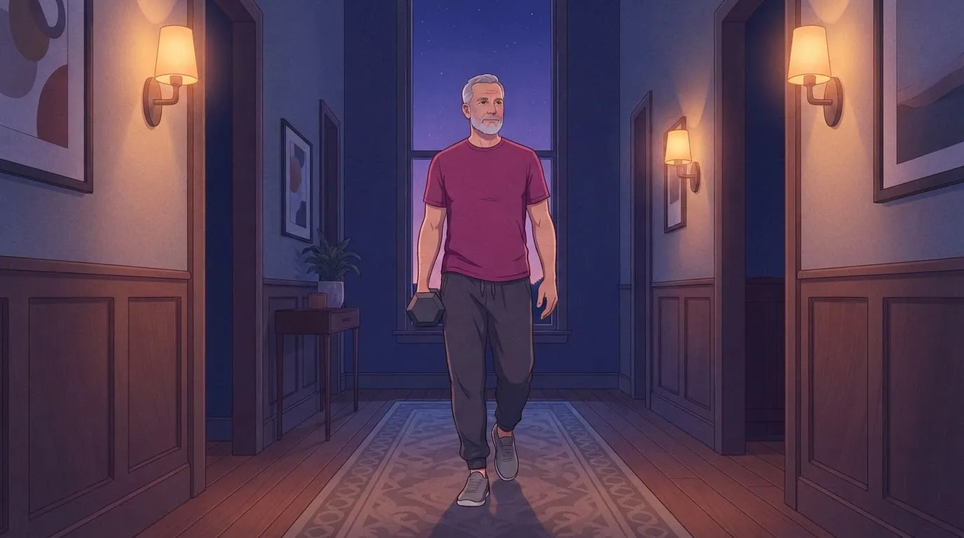 A man in his sixties walking tall down a lamp-lit hallway at dusk with one dumbbell held at his side, doing a suitcase carry that trains grip and trunk strength for carrying shopping