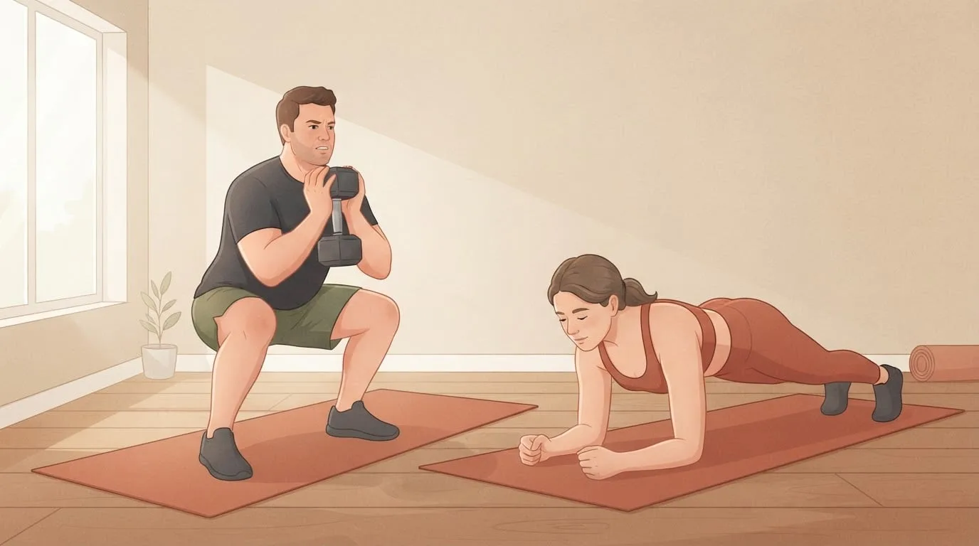 Side by side in a sunlit home studio, a man strains through a goblet squat holding one heavy dumbbell while a woman holds a steady forearm plank on the next mat, contrasting muscular strength with muscular endurance