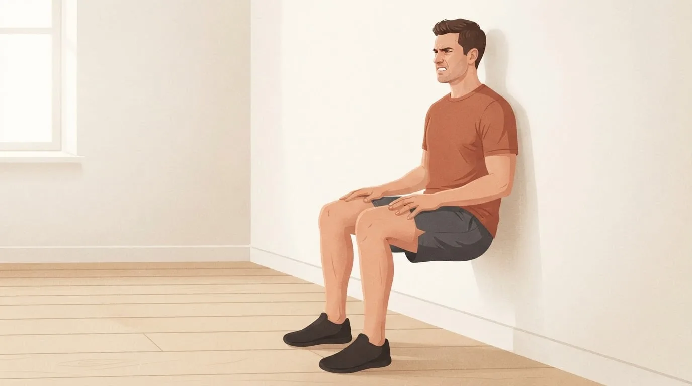 A man in a terracotta t-shirt grimaces as he holds a wall sit against a pale wall, thighs parallel to the floor and hands on his knees, a static muscular endurance exercise