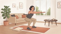 A woman with short dark hair does a bodyweight squat with her arms reaching forward on a terracotta mat in a bright living room, the kind of high-rep set that builds muscular endurance