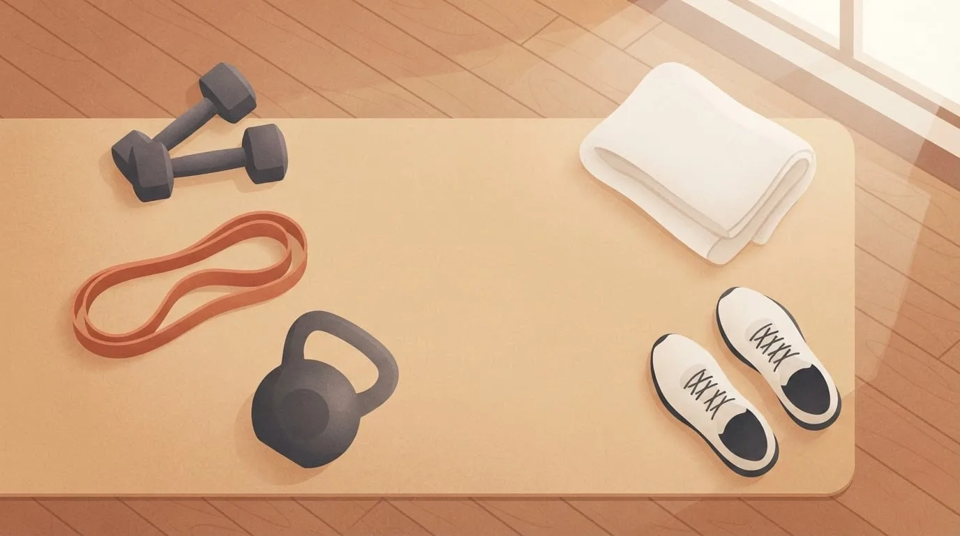 Overhead view of a sand-colored exercise mat holding a pair of hexagonal dumbbells, a looped terracotta resistance band, a kettlebell, a folded towel and a pair of sneakers, the basic tools for resistance training at home