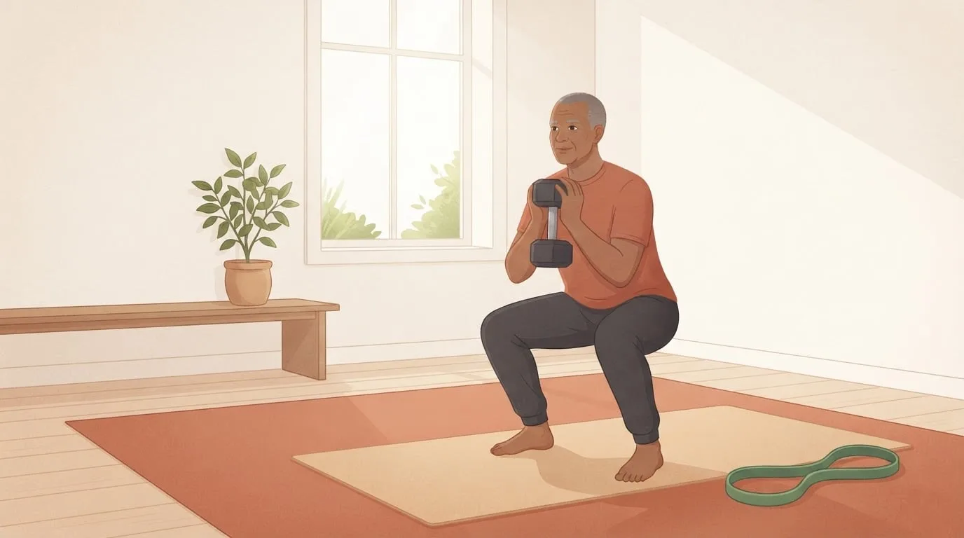 A grey-haired man in a terracotta t-shirt does a goblet squat with one dumbbell held at his chest on a sand-colored mat in a bright living room, an example of resistance training at home