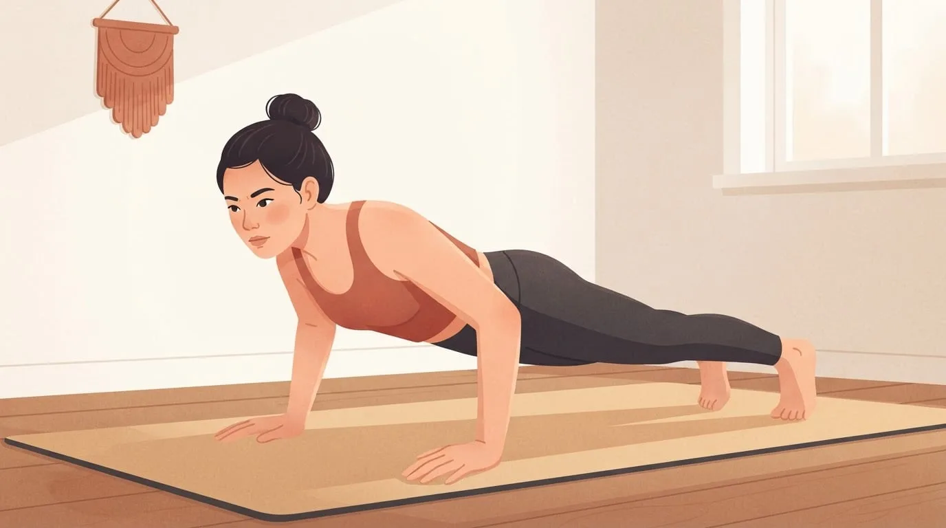 A woman with her hair in a bun holds a straight push-up position on a sand-colored mat in a sunlit room, bodyweight resistance training with no equipment