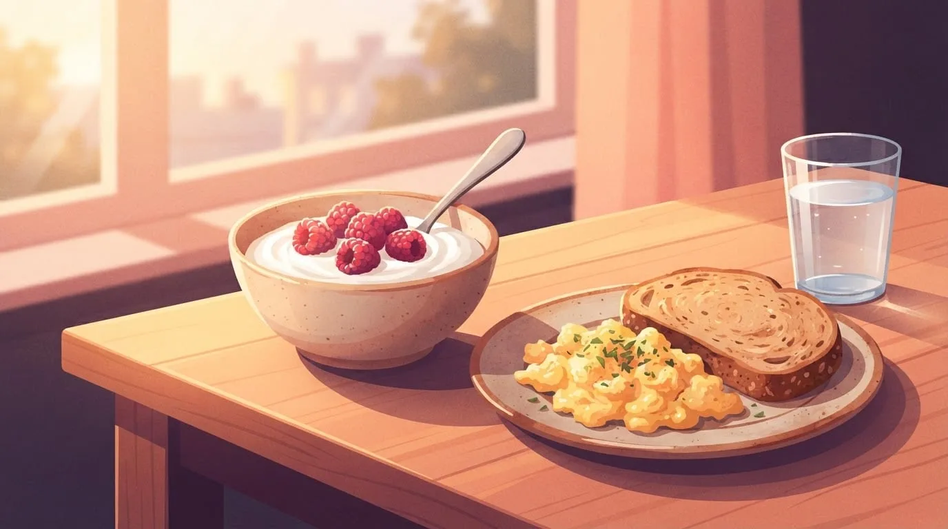 A bowl of plain Greek yogurt topped with raspberries beside a plate of scrambled eggs and whole-grain toast and a glass of water on a wooden table in warm sunrise light