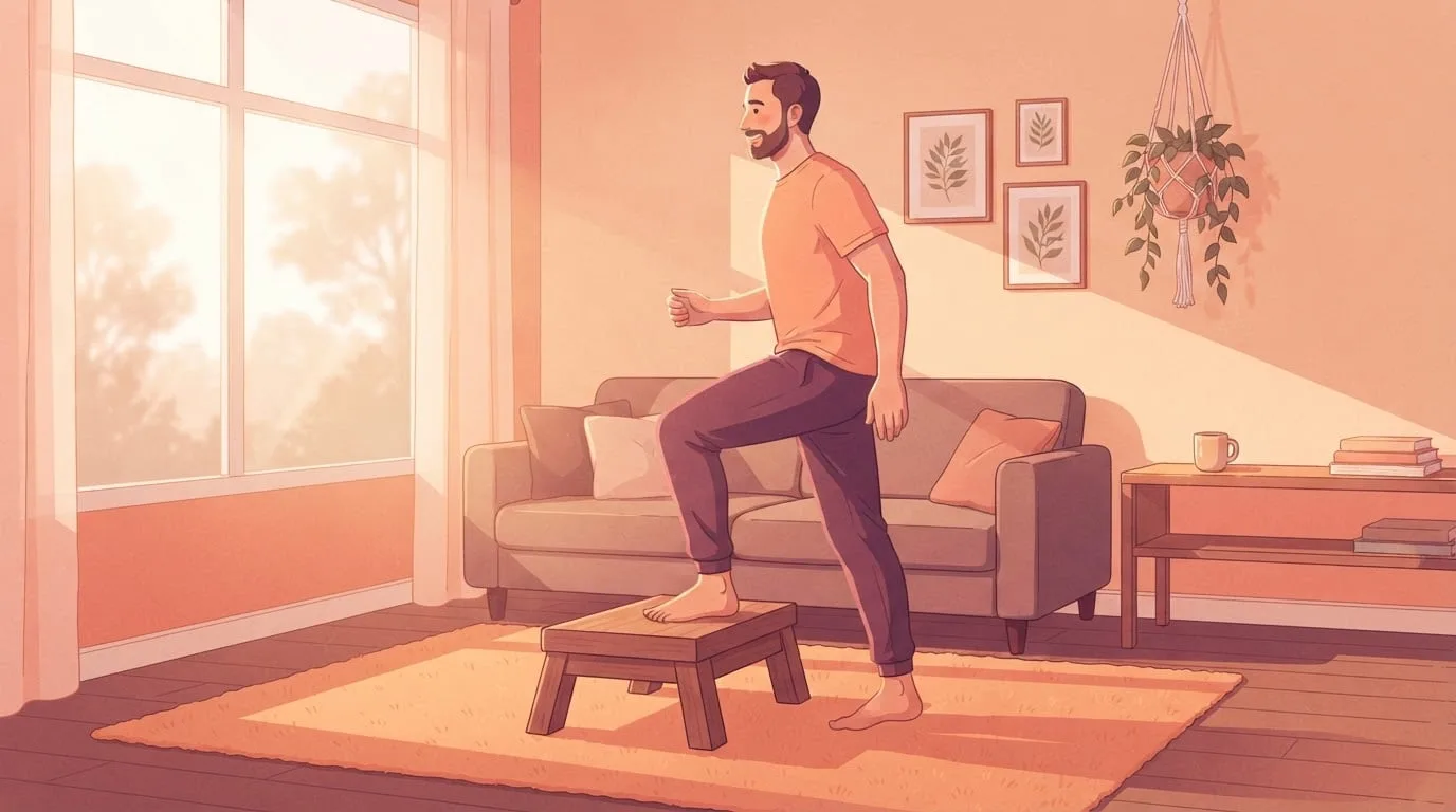 A bearded man in an apricot t-shirt doing an easy step-up onto a low wooden step in a sunlit living room at sunrise, with a sofa behind him
