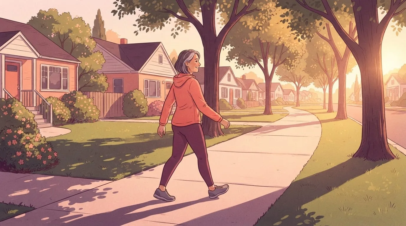 A woman in her forties with grey-streaked hair, wearing a coral jacket and plum leggings, walking at an easy pace along a tree-lined neighborhood sidewalk at sunrise