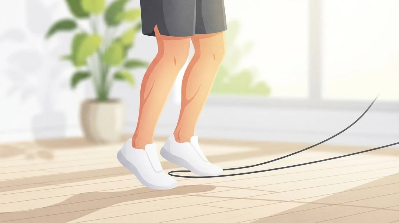 Close-up of a man's lower legs and sneakers landing on the balls of his feet on a sunlit wooden floor as a jump rope passes just under his toes