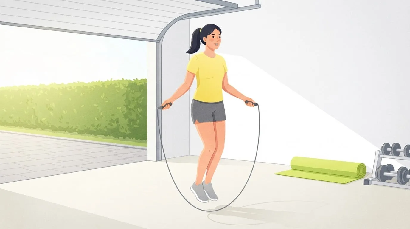 A woman jumping rope mid-bounce in a bright garage gym on a sunny morning, both feet together just off the floor and the rope sweeping under her feet