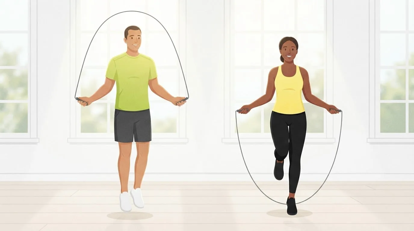 Two adults jumping rope side by side in a bright white studio, a man doing a two-footed bounce with his feet together and a woman doing an alternate-foot step with one foot lifted off the floor