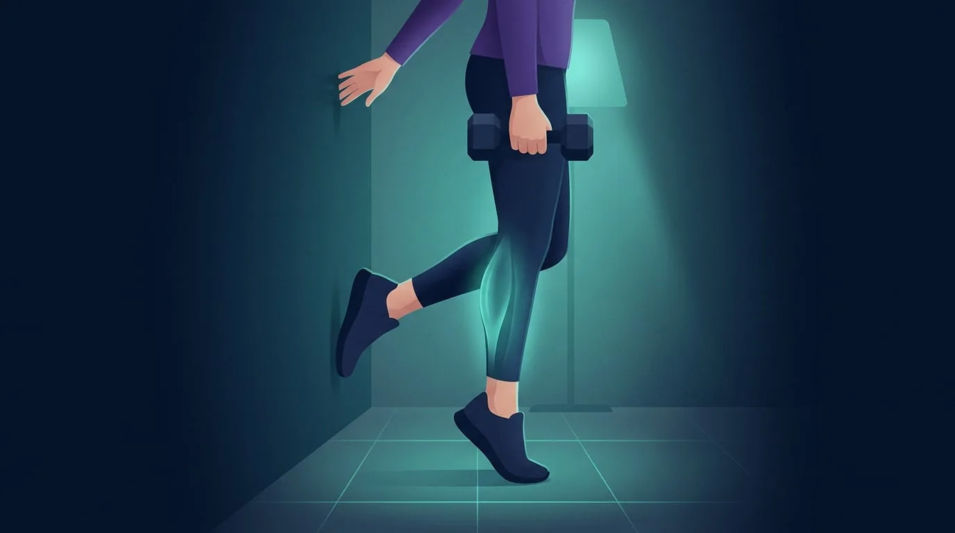 Close-up side view of a woman balancing on one foot in a single-leg calf raise at home, heel lifted high, one hand on the wall and a plain dumbbell in the other, with a teal glow over her calf muscle