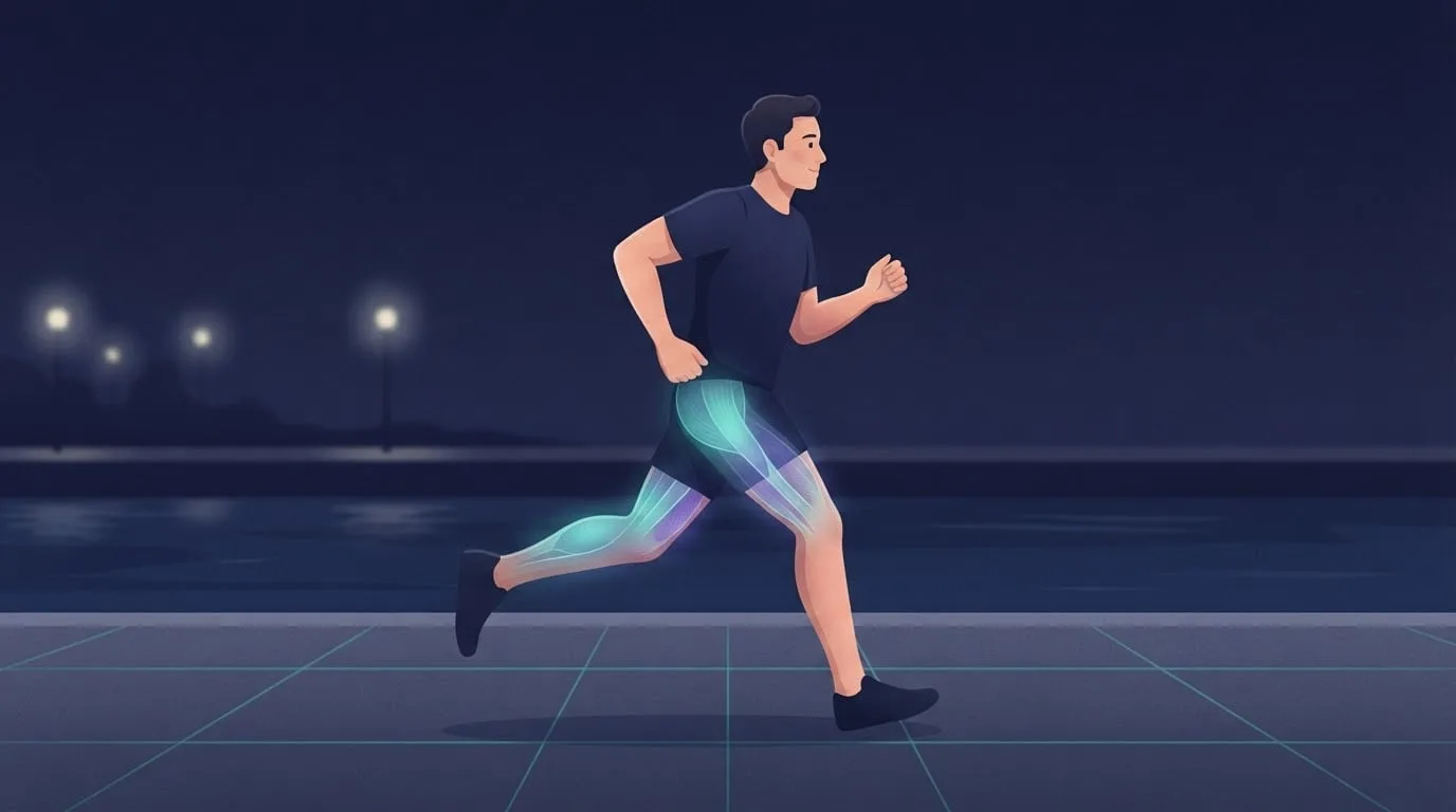 A man running mid-stride along a lamp-lit riverside path at night, with a soft teal and violet glow over his calves, thighs and glutes showing the muscles running works
