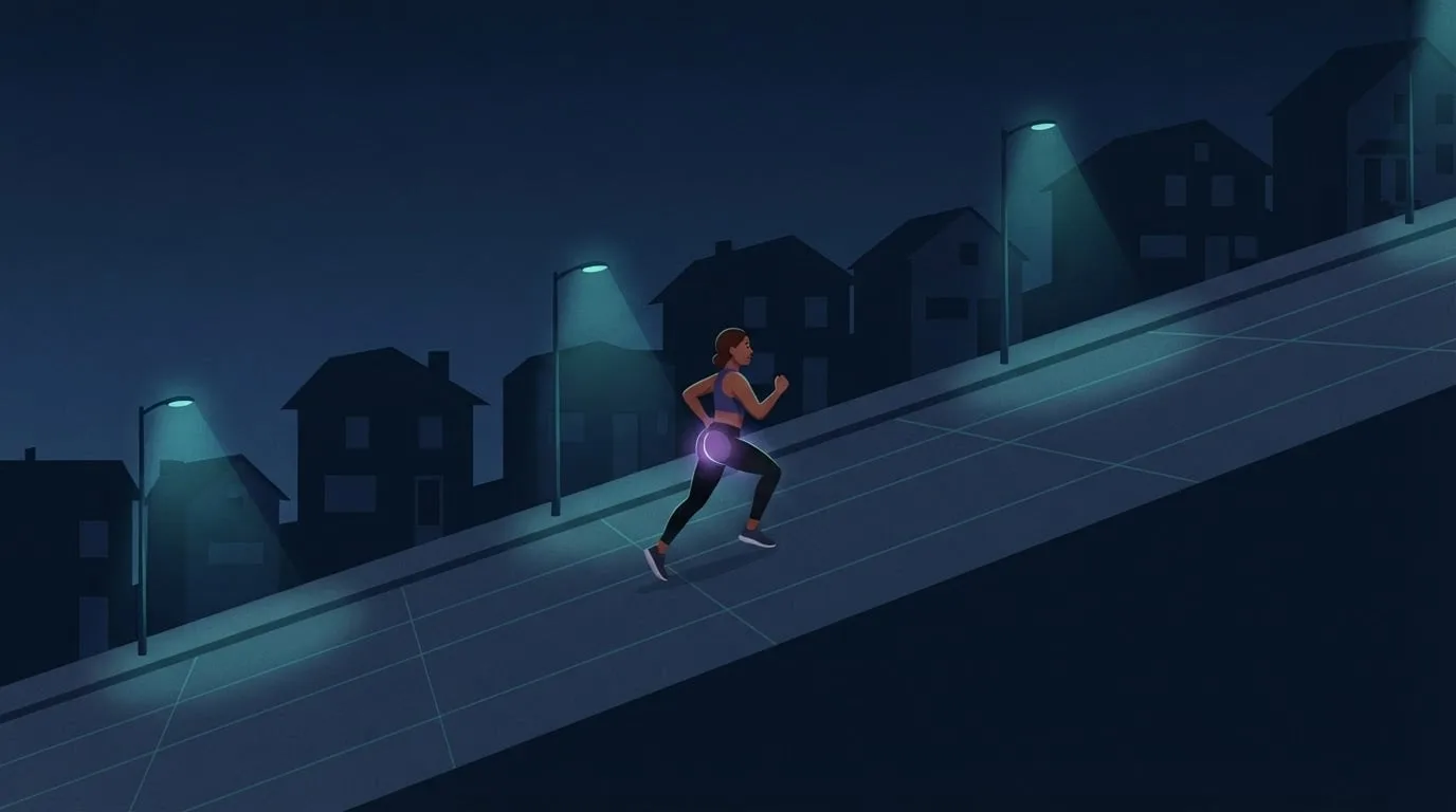 Wide view of a woman running up a steep residential hill road at night under teal streetlamps, leaning slightly forward, with a violet glow over her glutes, the hip muscles that do the extra work uphill