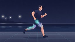 A man running mid-stride along a lamp-lit riverside path at night, with a soft teal and violet glow over his calves, thighs and glutes showing the muscles running works