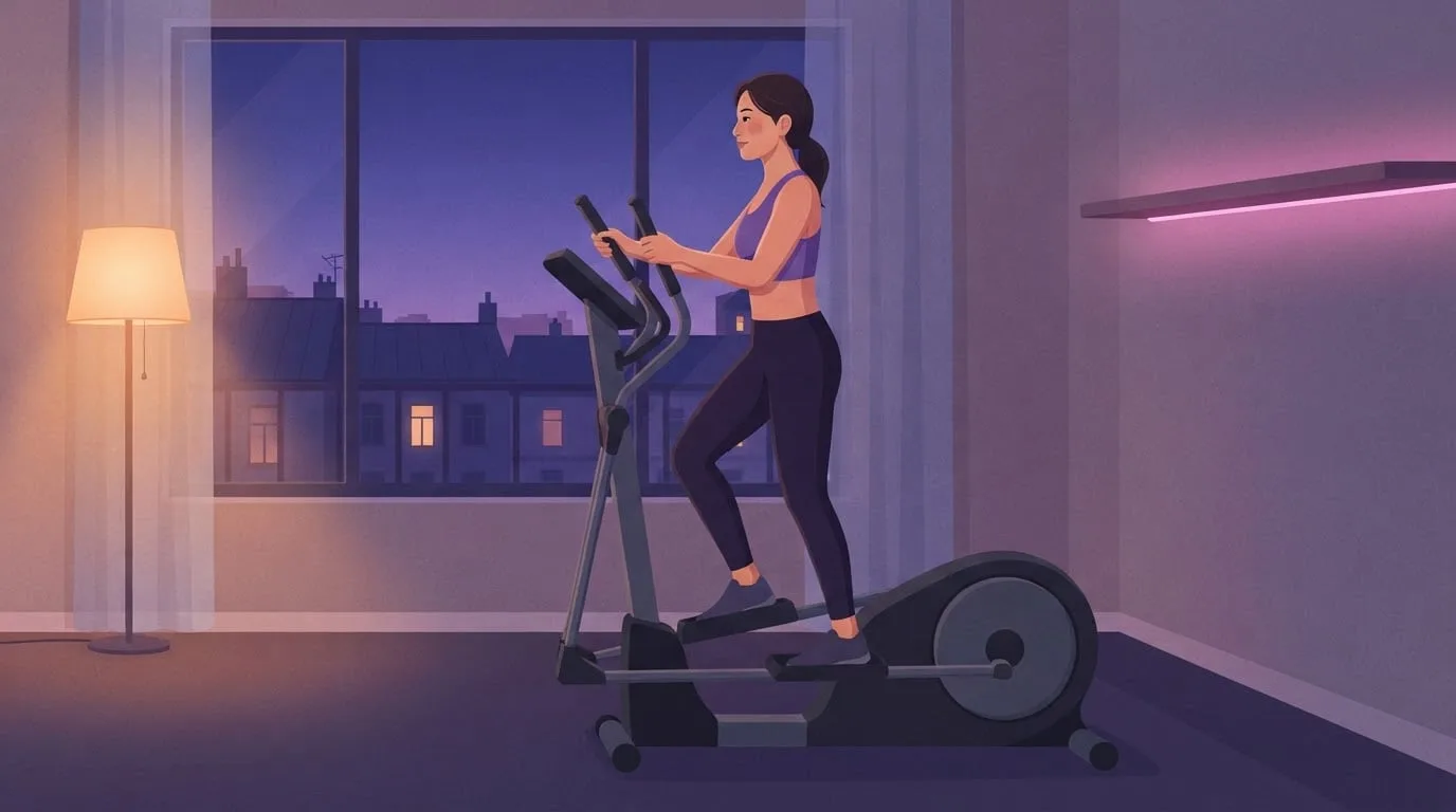 A woman striding on an elliptical trainer by a large apartment window at blue hour, hands on the moving handles, under the warm light of a floor lamp