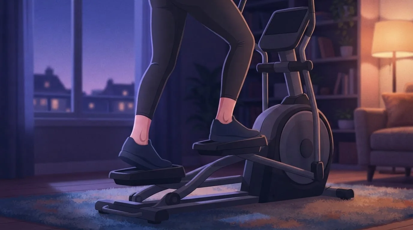 Close-up of a person's lower legs in dark leggings and plain training shoes on the two large pedals of an elliptical trainer, one foot higher than the other, in a living room lit by a warm evening lamp