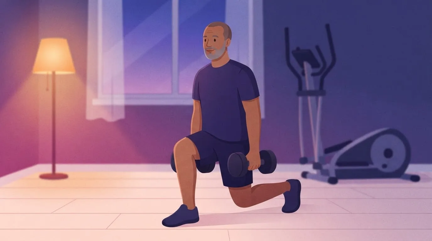 A man in his fifties doing a split squat with a dumbbell in each hand in a home room at dusk, an elliptical trainer behind him and a warm lamp glowing in the corner