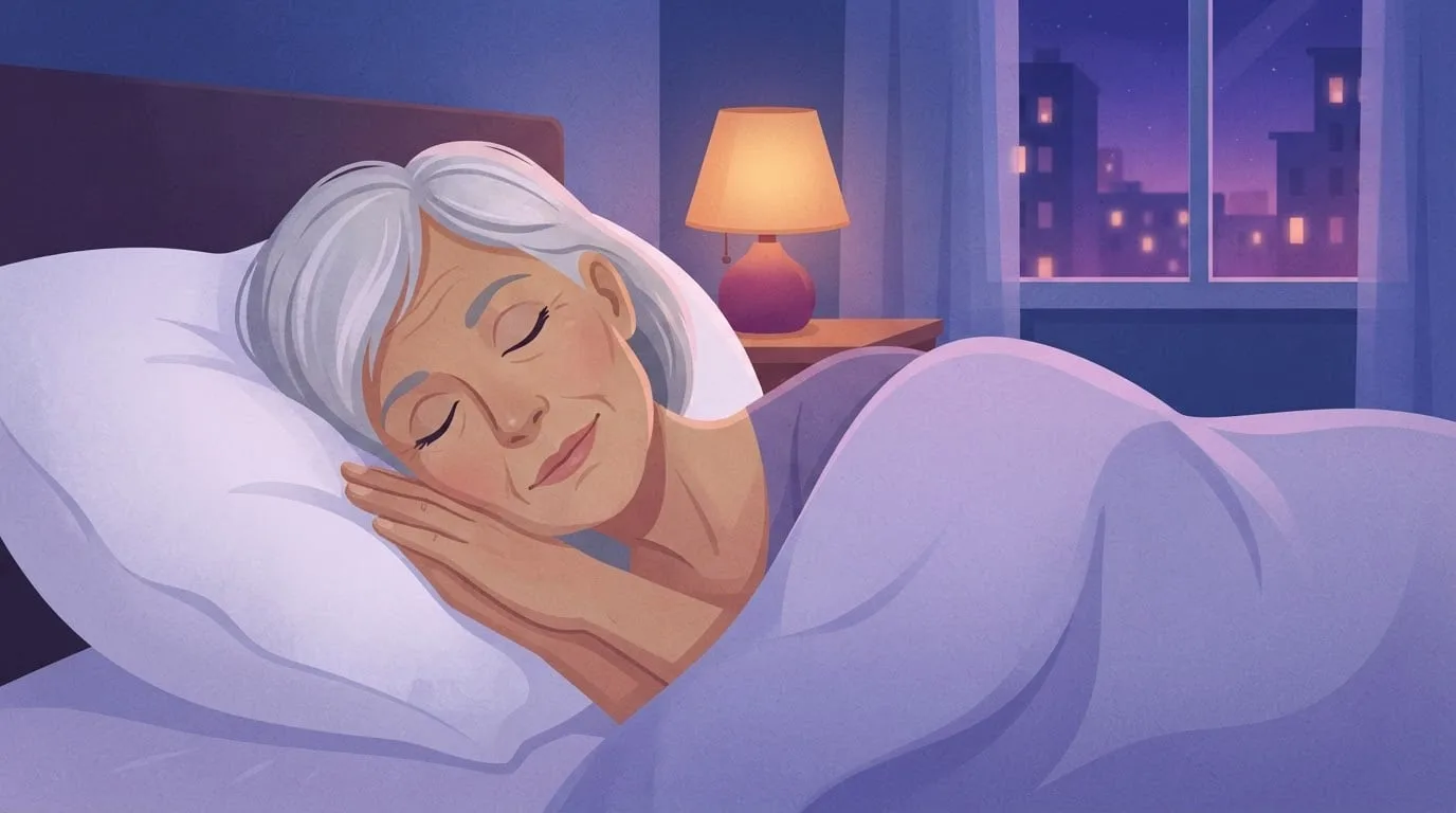 A silver-haired woman sleeps on her side under a violet duvet in a dim bedroom at blue hour, a warm lamp glowing low beside a window of city lights