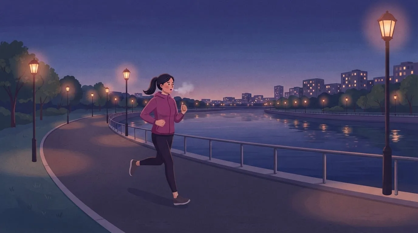 A woman in a magenta running jacket jogs along a lamp-lit city riverside path at blue hour with her breath visible in the cool air, a reminder that most of the fat you lose leaves through your lungs