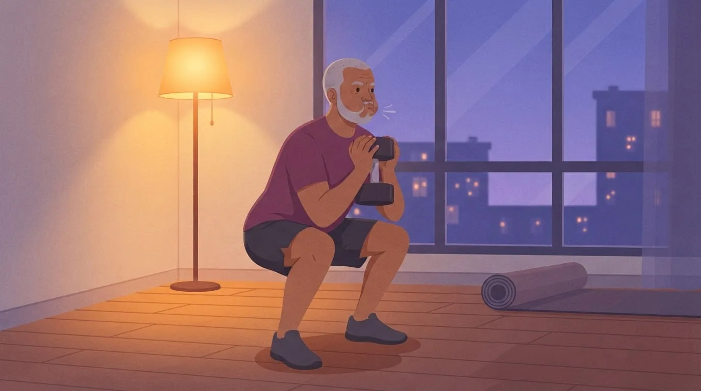 A grey-bearded man in a plum T-shirt holds one dumbbell at his chest at the bottom of a goblet squat in a lamp-lit apartment at dusk, breathing out hard as his working muscles burn more fuel