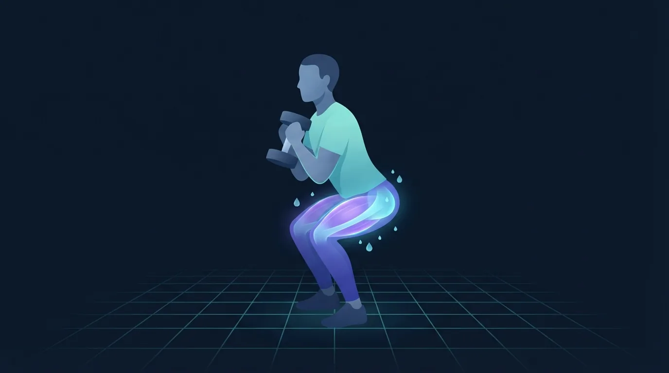 Illustration einer Person mitten in einer Kniebeuge mit einer Kurzhantel, bei der Quadrizeps und Gesäß leuchten und Wassertropfen um die arbeitenden Muskeln schweben, was Wasser zeigt, das zusammen mit Muskelglykogen gespeichert wird