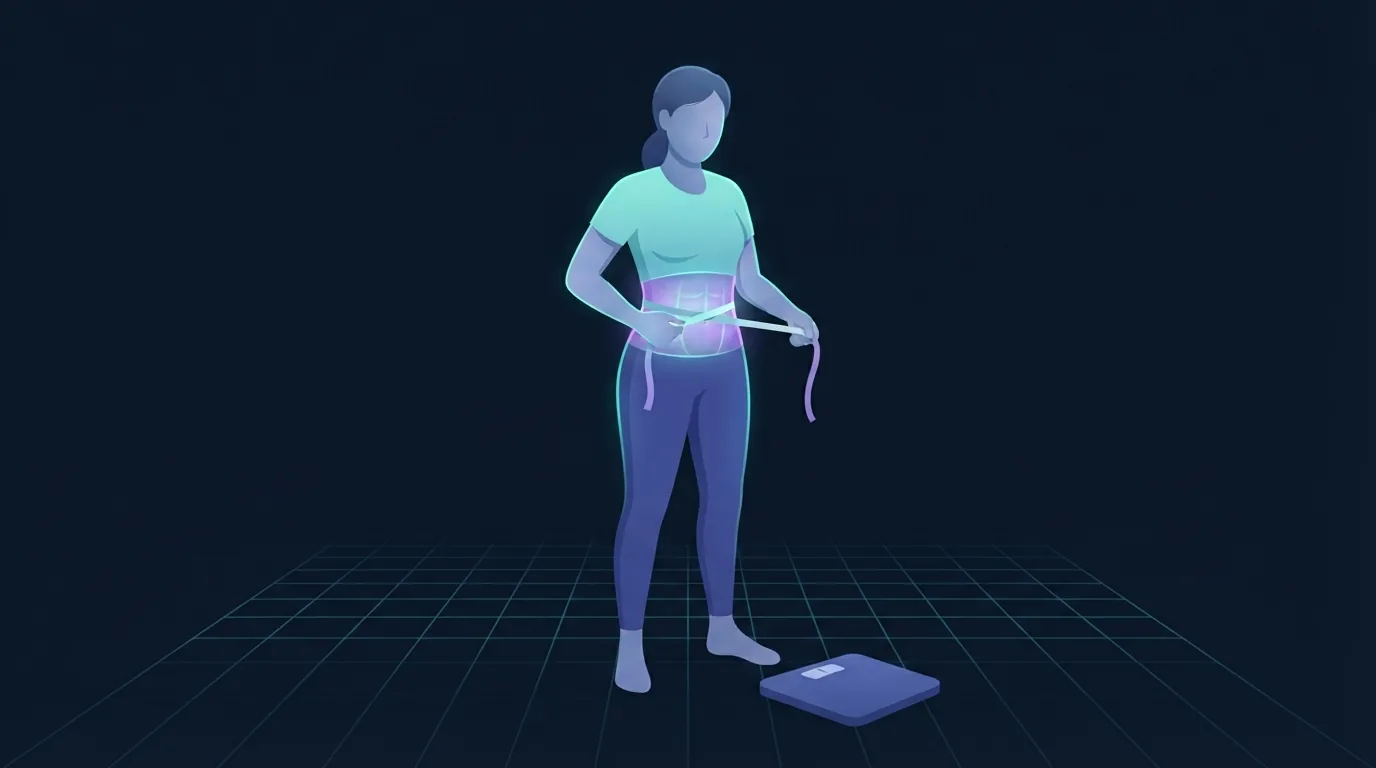 Illustration einer Person, die ihre Taille mit einem Maßband misst, während der Rumpf leuchtet und eine unbeleuchtete Badezimmerwaage neben ihr auf dem Boden liegt, was den Taillenumfang als bessere Fortschrittsmessung zeigt als das Körpergewicht
