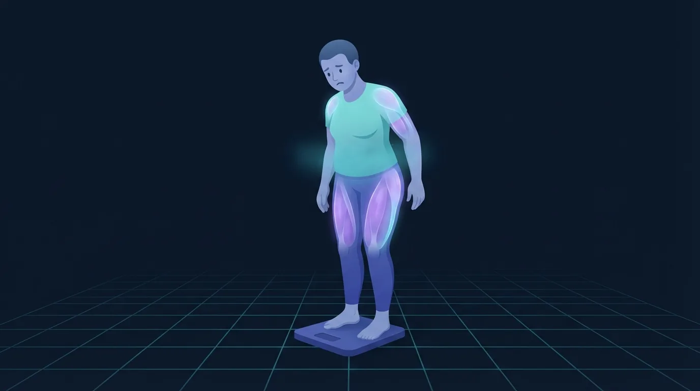 Illustration eines Erwachsenen, der auf einer Badezimmerwaage steht und mit verwirrtem Gesichtsausdruck nach unten schaut, während Oberschenkel, Gesäß und Schultern leuchten, was kürzlich trainierten Muskel zeigt, der zusätzliches Glykogen und Wasser speichert