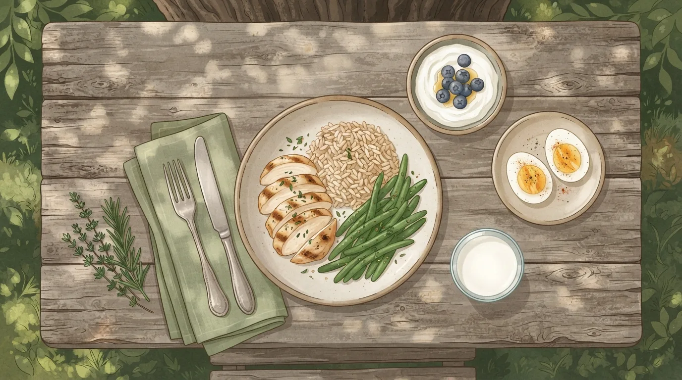 Draufsicht auf ein proteinreiches Mittagessen auf einem Gartentisch aus Holz: geschnittene gegrillte Hähnchenbrust mit braunem Reis und grünen Bohnen, eine Schüssel Joghurt mit Blaubeeren, zwei halbierte gekochte Eier und ein Glas Milch