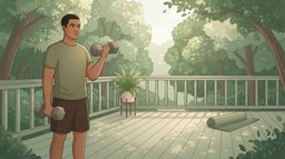 A young man in an olive t-shirt doing dumbbell biceps curls on a wooden backyard deck under leafy trees, a rolled exercise mat and a potted fern beside him, training at home to build muscle