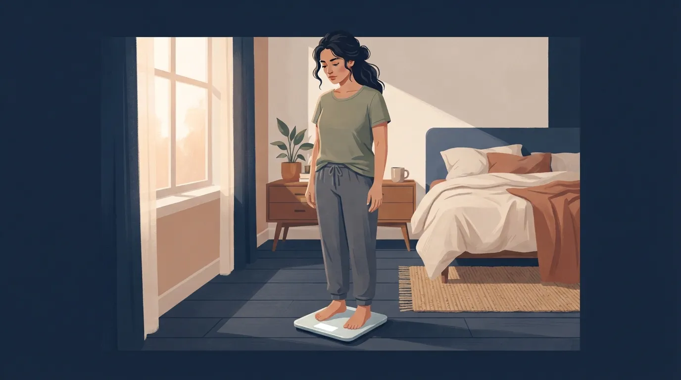 Illustration of an adult standing on a bathroom scale in soft morning bedroom light, looking down thoughtfully at the reading