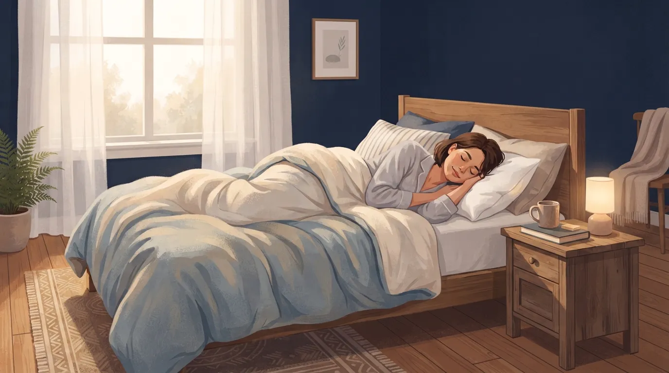Illustration of an adult asleep in bed with soft light through the curtains showing 7 hours of sleep for weight loss recovery