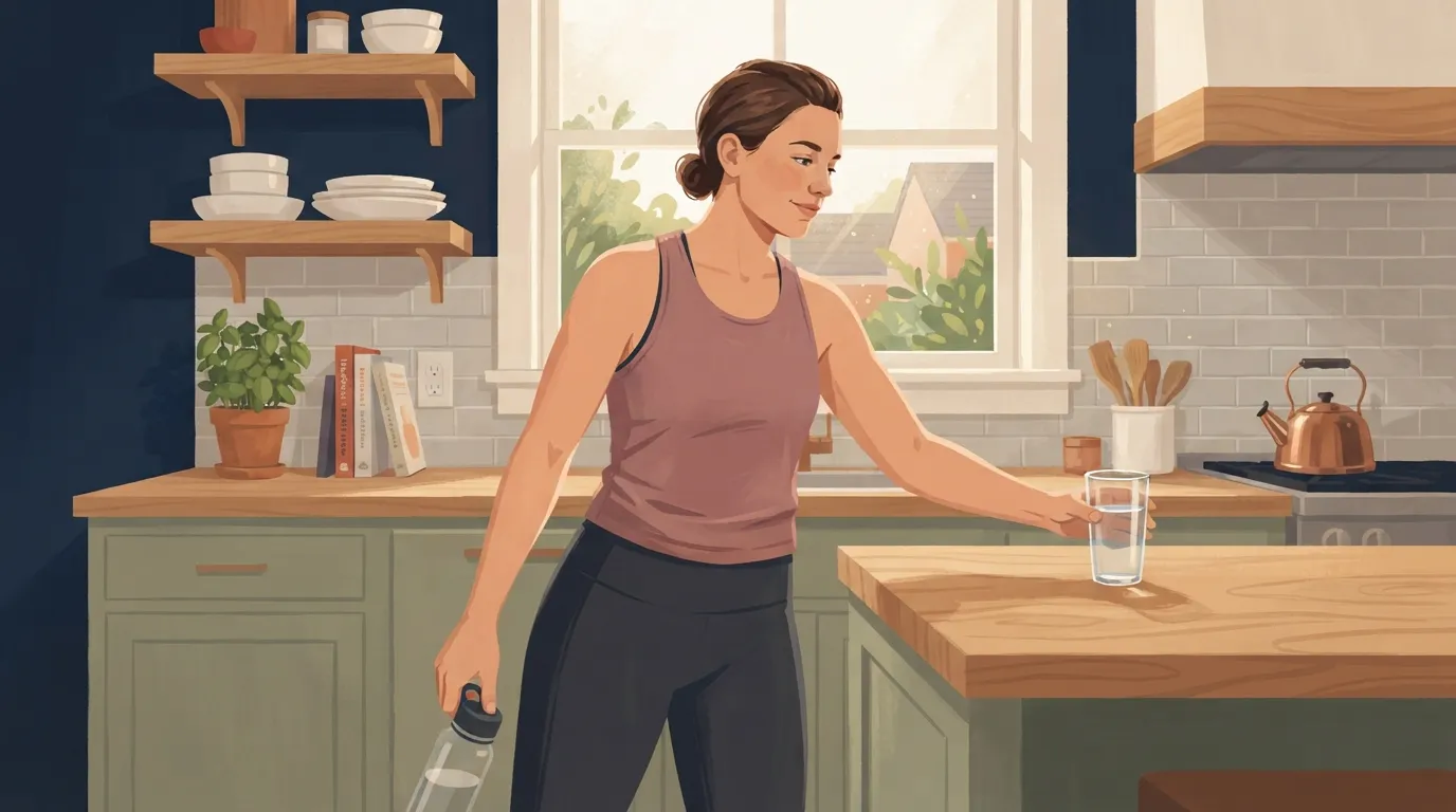 Illustration of an adult in athletic clothes reaching for a water glass on a wooden kitchen counter, natural window light, showing everyday hydration and normal water fluctuation