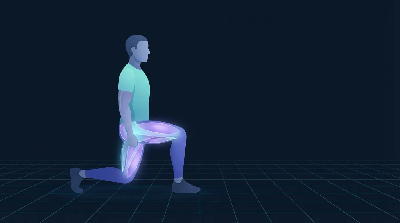 Illustrated figure mid-lunge with quadriceps and glutes glowing to signal muscle protein synthesis and adaptation happening even without visible soreness