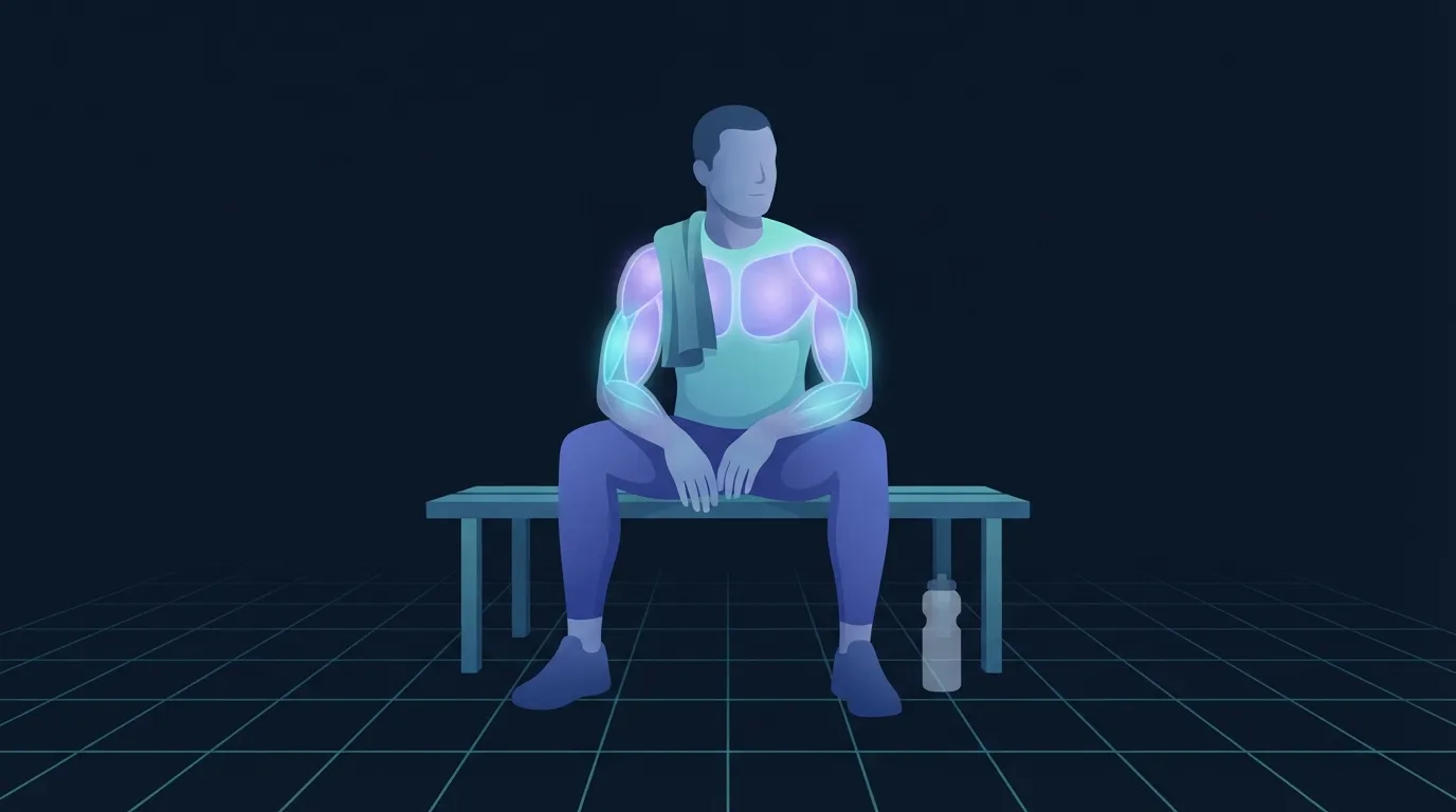 Illustrated figure sitting on a bench after a workout, the trained muscles glowing softly to signal training happened even without soreness