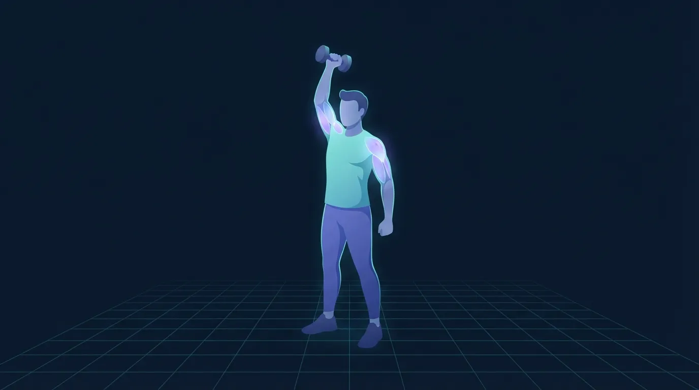 Illustrated figure lifting a dumbbell overhead with the working shoulders and triceps glowing, alongside a soft floating chart-line motif suggesting week-over-week progression rather than soreness as the marker