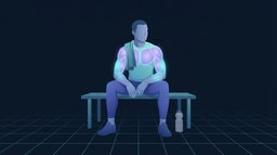 An adult sitting on a bench after a workout with chest, shoulders and arms glowing