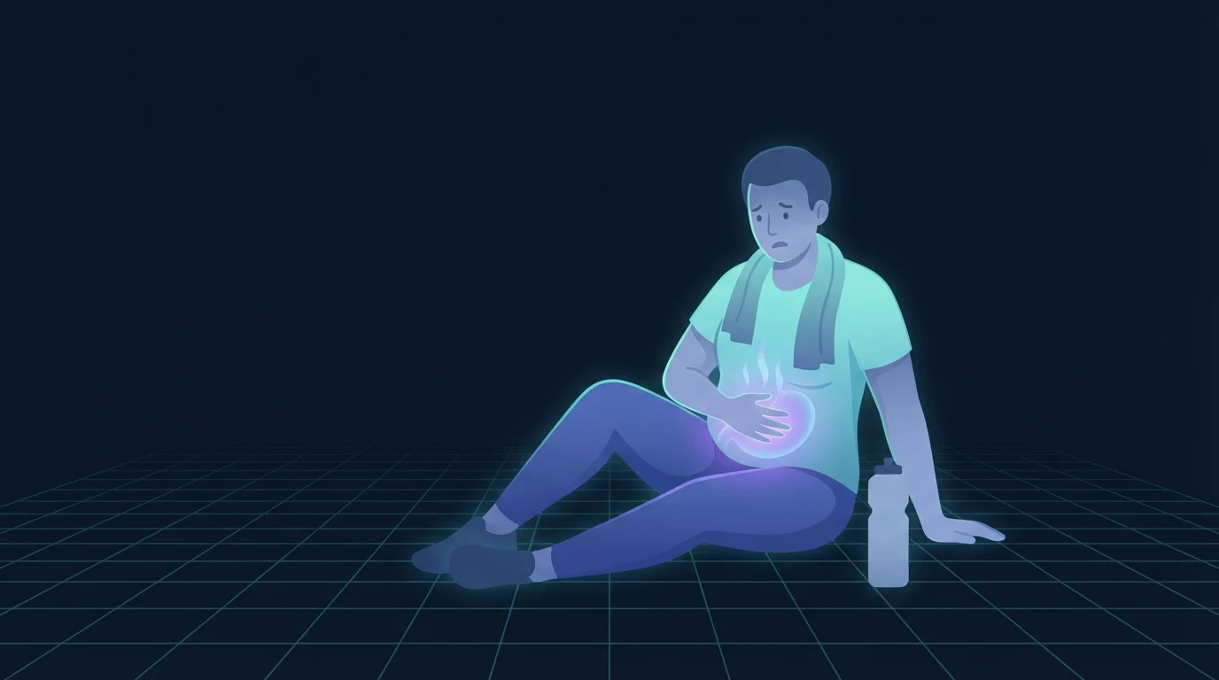 Illustration eines Erwachsenen, der nach dem Training auf dem Boden sitzt, mit einem Handtuch um den Hals und einer Hand auf dem Bauch, wobei der Bauchbereich leuchtet, um zurückkehrende Appetitsignale zu zeigen