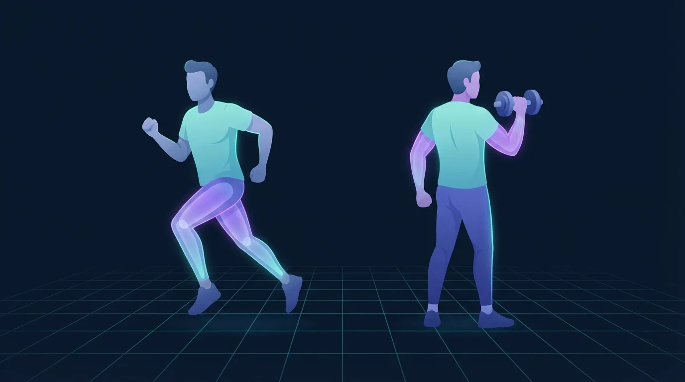 Illustration von zwei Erwachsenen nebeneinander, einer läuft mit leuchtenden Quadrizeps und Waden, der andere drückt eine Kurzhantel über den Kopf mit leuchtendem Rücken und Armen, zum Vergleich, wie Cardio und Krafttraining den Appetit beeinflussen