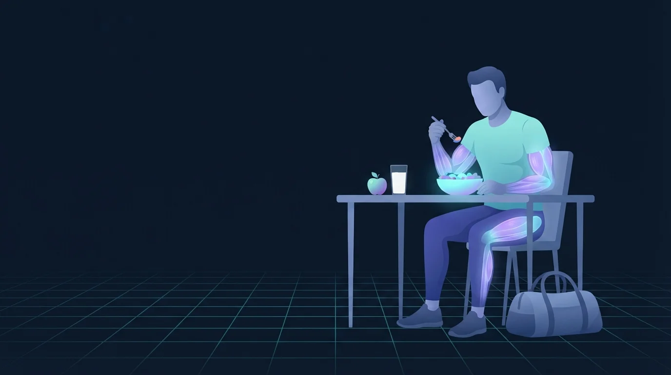 Illustration eines Erwachsenen, der an einem Tisch eine Schüssel Essen isst, mit einem Glas Milch und einem Apfel daneben und einer Sporttasche auf dem Boden, zeigt eine geplante Mahlzeit nach dem Training