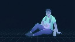 Illustration of an adult sitting on the floor after a workout with a towel around the neck and one hand on the stomach, the gut area glowing to show appetite signals returning