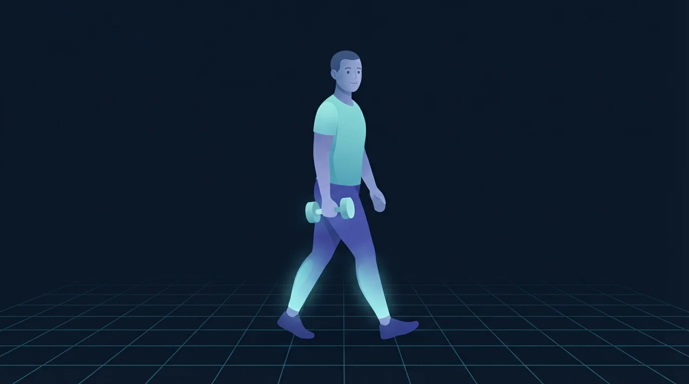 An adult walking at an easy pace carrying a single light dumbbell, calves, glutes and shoulders lit gently, showing a deliberately easy training session