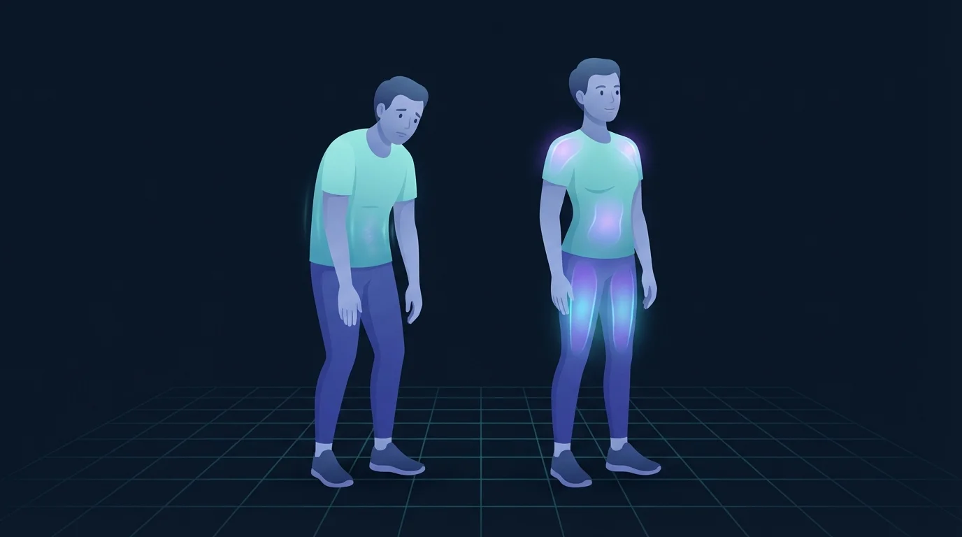 Two figures of the same build side by side, the left one slumped with barely any glow and the right one upright with shoulders, core and thighs lit up, contrasting drained and recovered states
