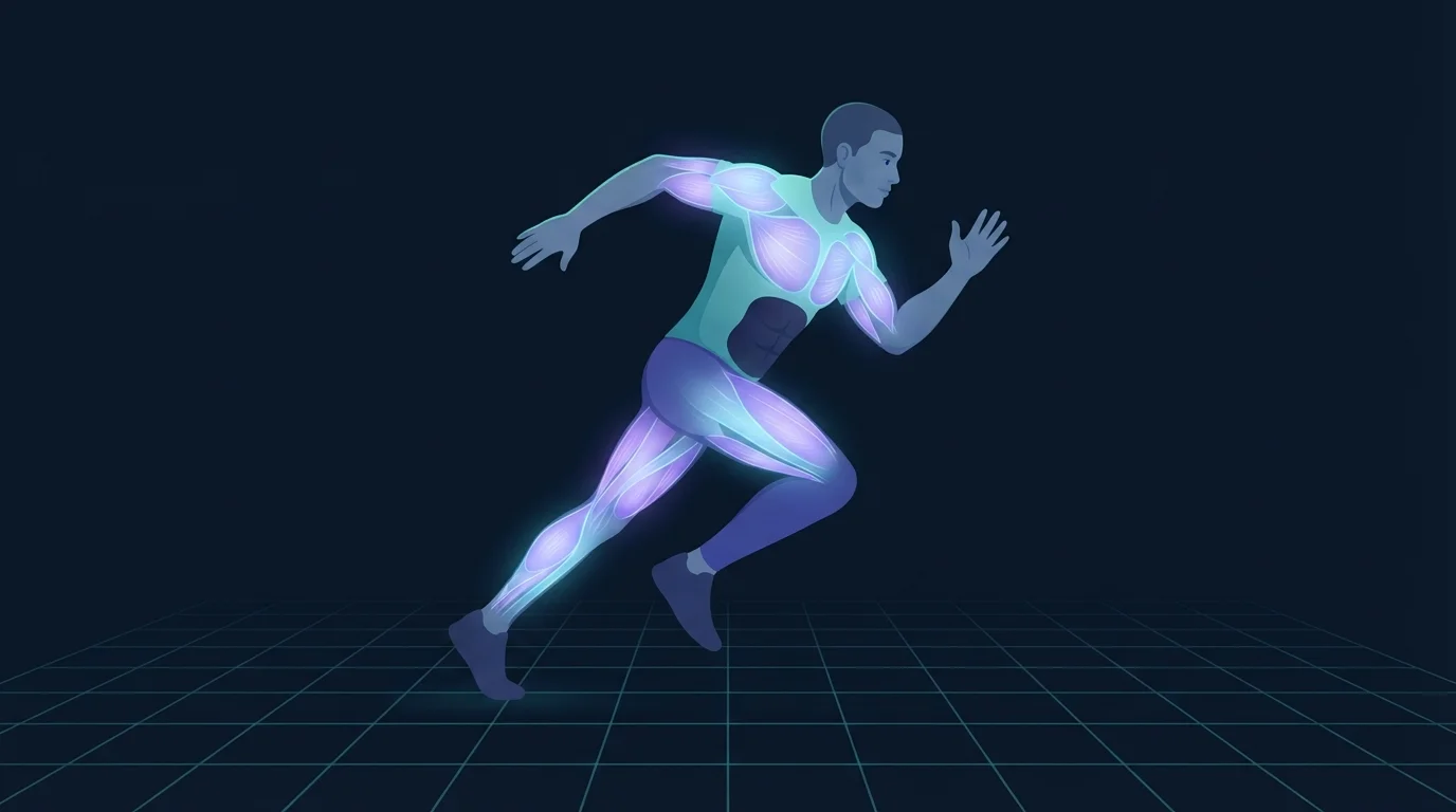A runner mid-sprint with the leg, chest and shoulder muscles lit up while the abdomen stays dark, showing blood flow redirected away from the digestive tract