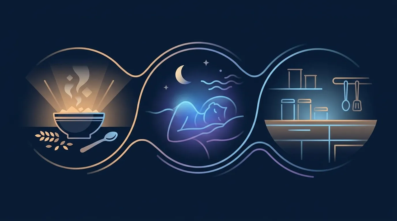 Editorial illustration of upstream fixes for nighttime overeating: protein-forward breakfast, sleep, environment design