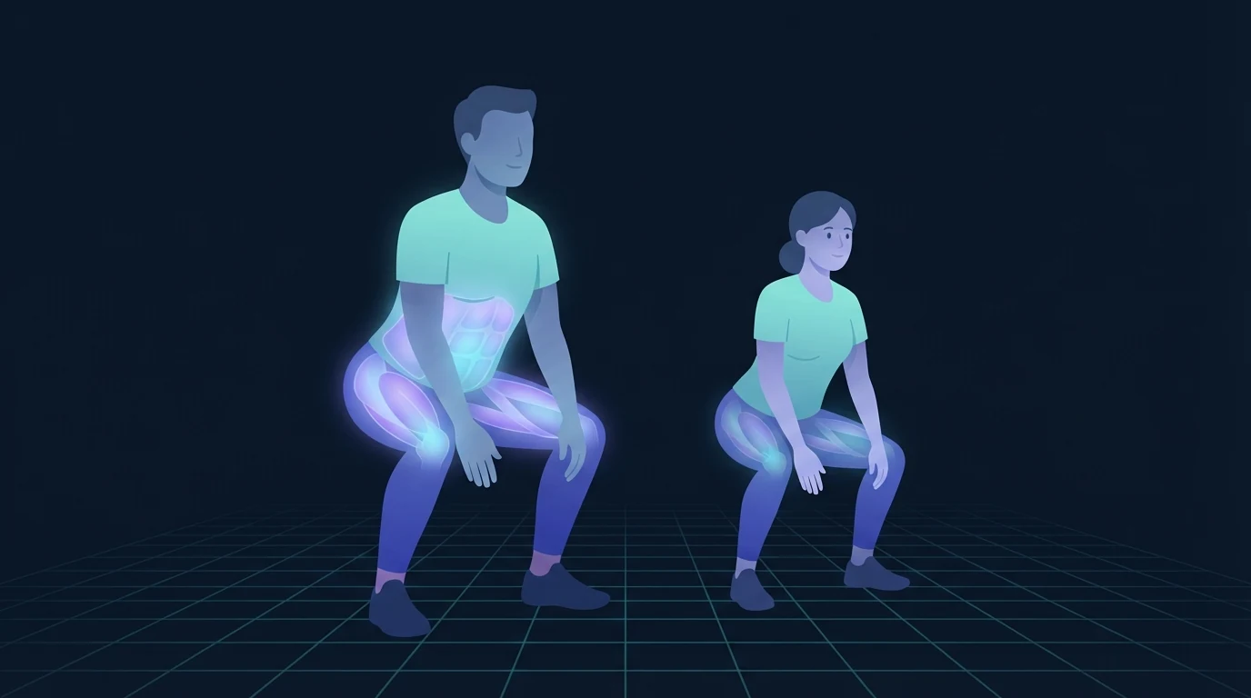 Illustration von zwei Athleten unterschiedlicher Körpergröße, die nebeneinander die untere Position einer Kniebeuge halten auf einem Rasterboden, die größere Figur leuchtet intensiver an den Oberschenkeln