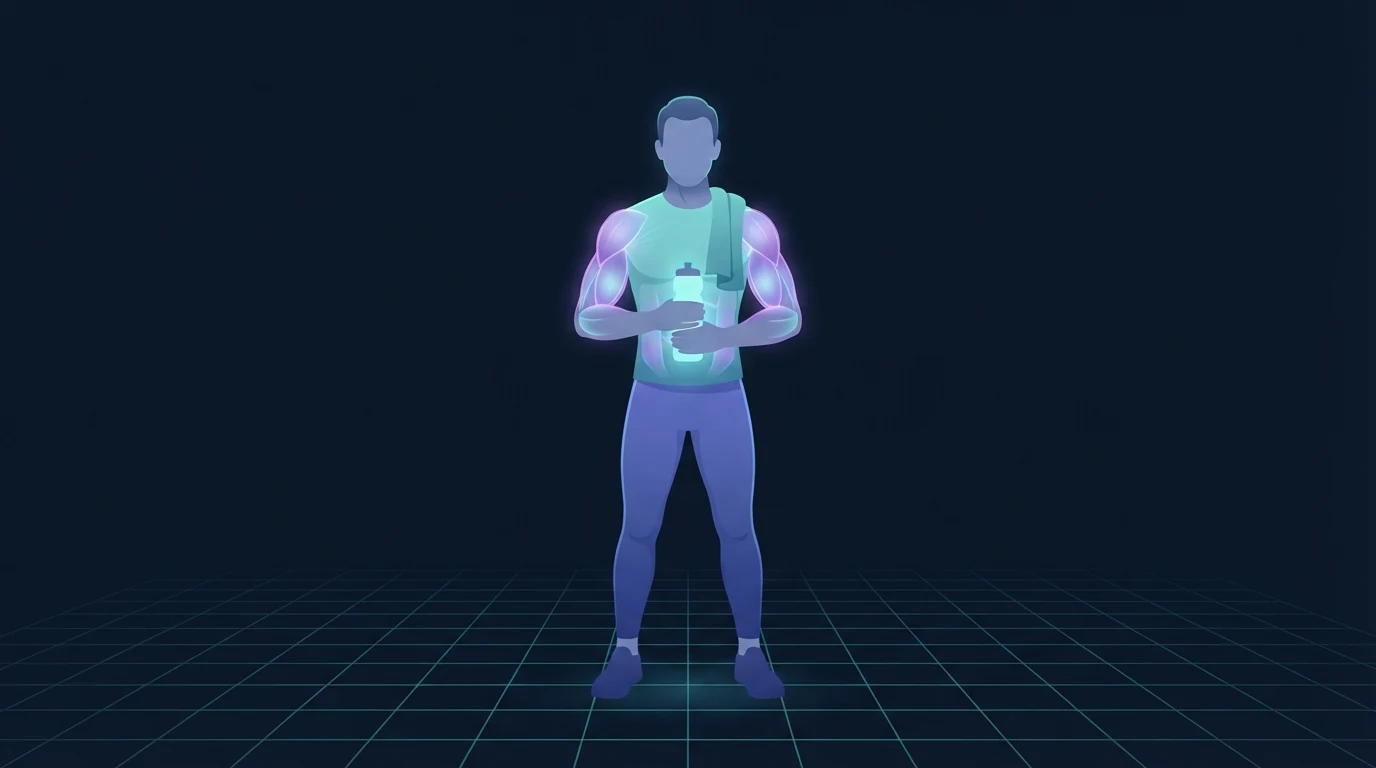 Illustration eines Athleten, der eine schlichte Wasserflasche hält, die cyanfarben leuchtet, ein Handtuch über der Schulter drapiert, stehend auf einem türkisfarbenen Rasterboden nach einem Training
