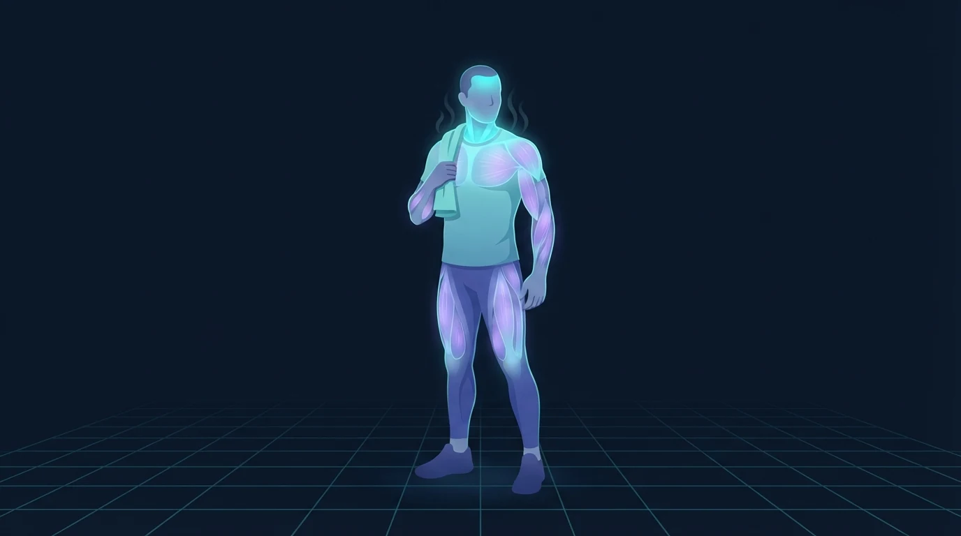Illustration eines Athleten, der nach dem Training dasteht mit einem Handtuch über einer Schulter, Brust, Arme und Beine leuchten in kühlem Cyan und Violett, feine Dampfschwaden steigen vom Kopf auf