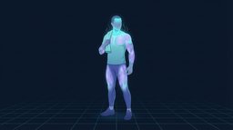 Illustration of an athlete standing after a workout with a towel over one shoulder, chest, arms and legs glowing in cool cyan and violet, faint wisps of vapor rising from the head