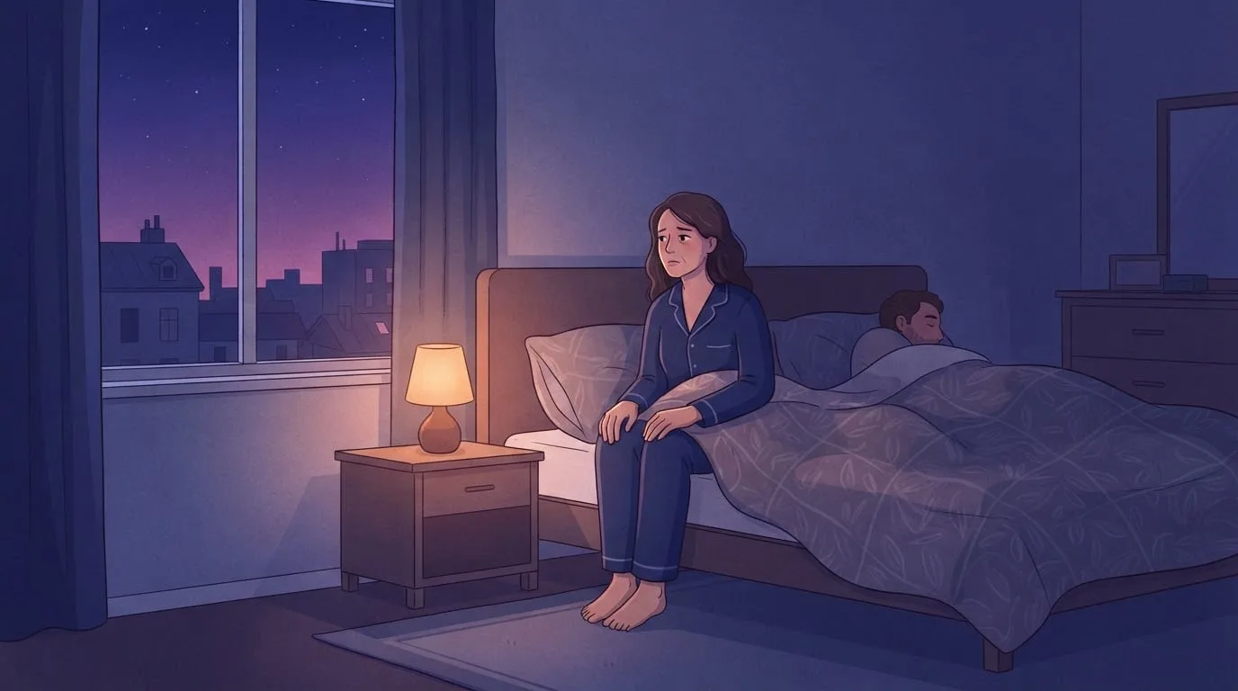 A woman in her forties in navy pajamas sitting on the edge of her bed in the middle of the night, awake and tired after waking up at 3am, while her partner sleeps beside her, a warm bedside lamp glowing against an indigo city sky